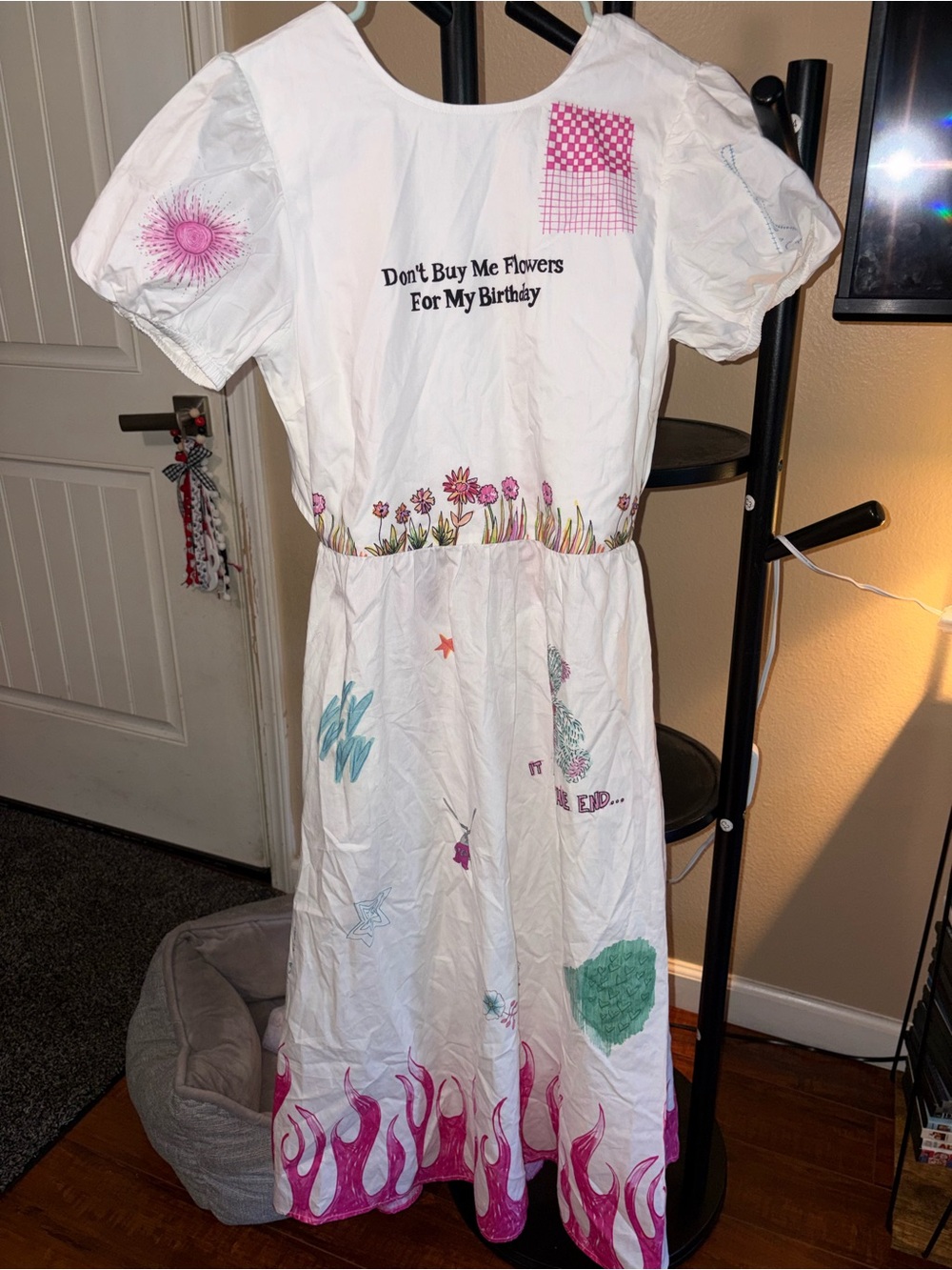 Ripndip White Backless Dress with Pink Flame & Floral Accents